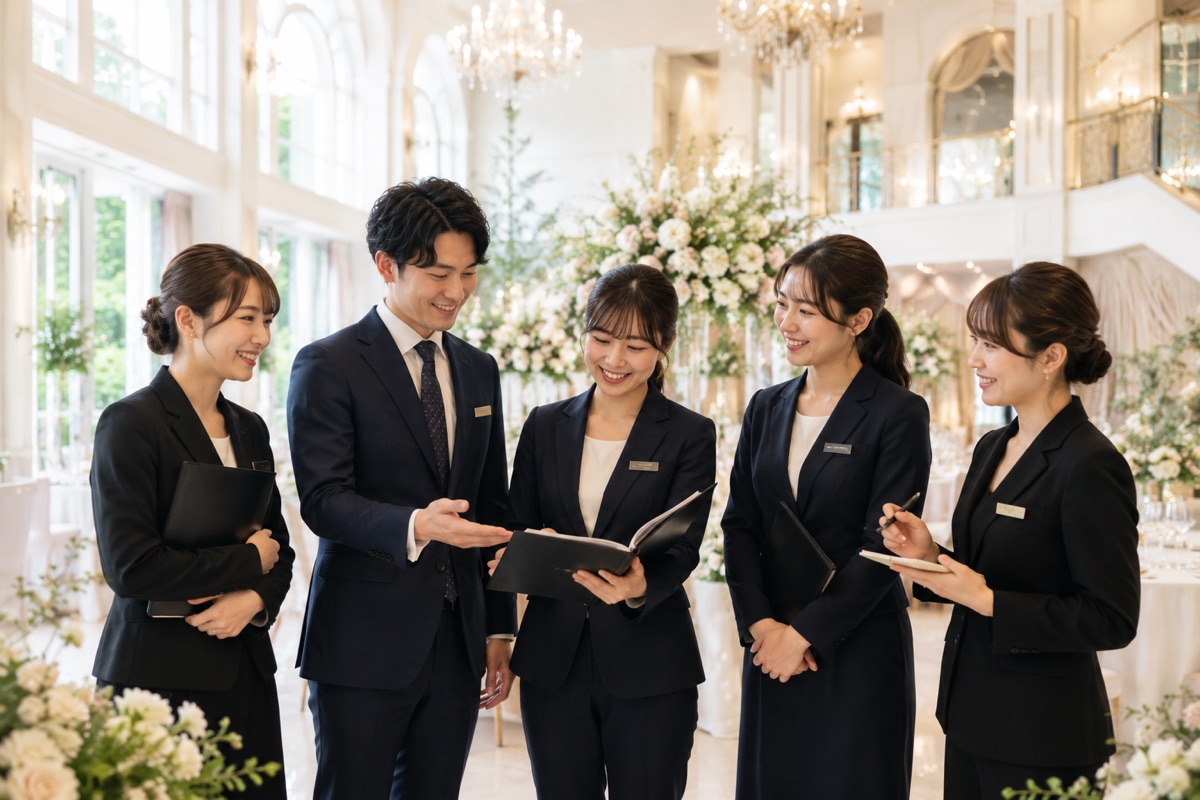 結婚式場のスタッフが打ち合わせをしている様子