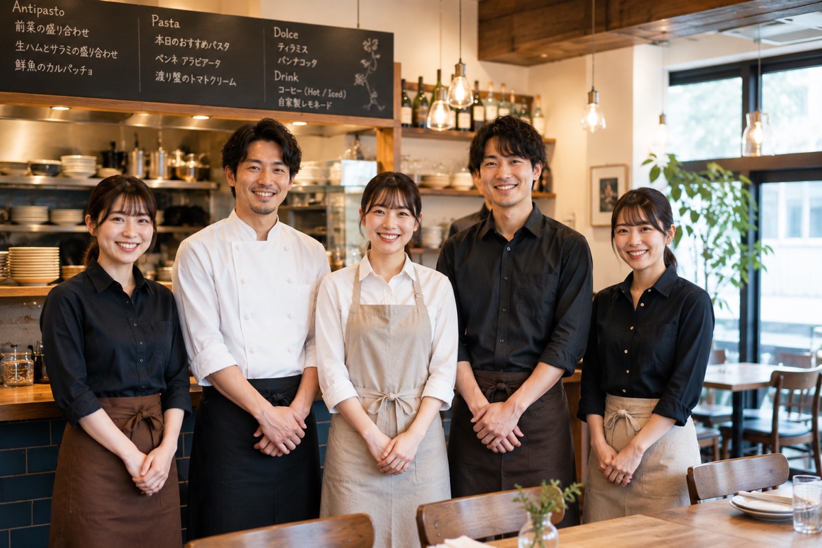 飲食店のスタッフが店内に並んでいる様子