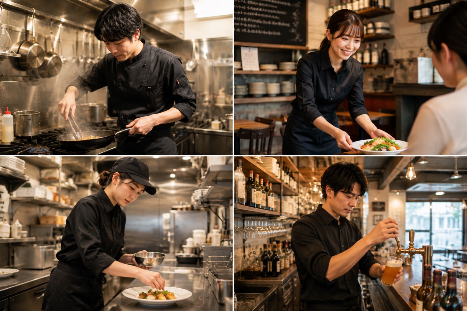 厨房での調理、ホールでの接客、盛り付け、ドリンクの提供など飲食店の仕事の様子