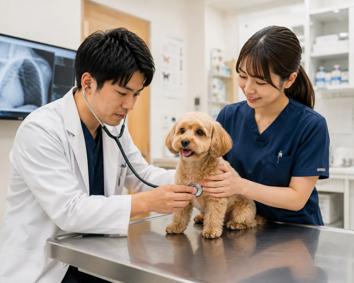 動物病院で犬を診察している様子